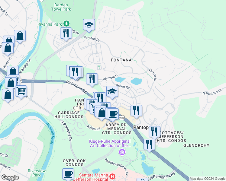 map of restaurants, bars, coffee shops, grocery stores, and more near 1995 Asheville Drive in Charlottesville