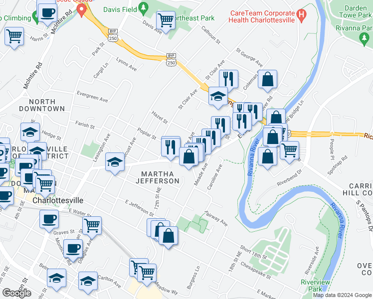 map of restaurants, bars, coffee shops, grocery stores, and more near 612 Gillespie Avenue in Charlottesville