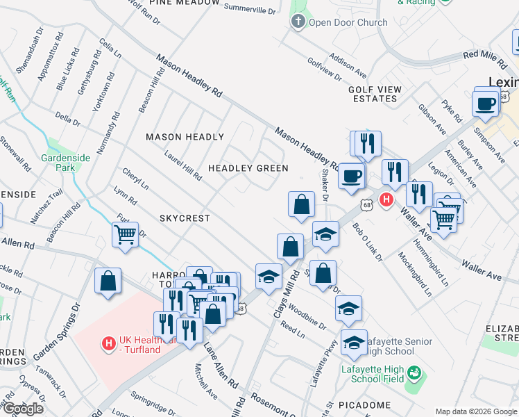 map of restaurants, bars, coffee shops, grocery stores, and more near 750 Shaker Drive in Lexington