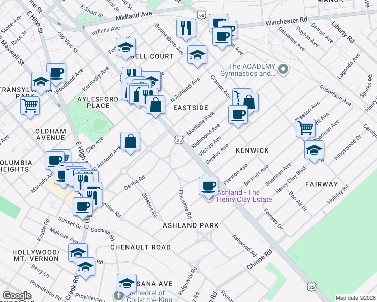 map of restaurants, bars, coffee shops, grocery stores, and more near Richmond Road in Lexington