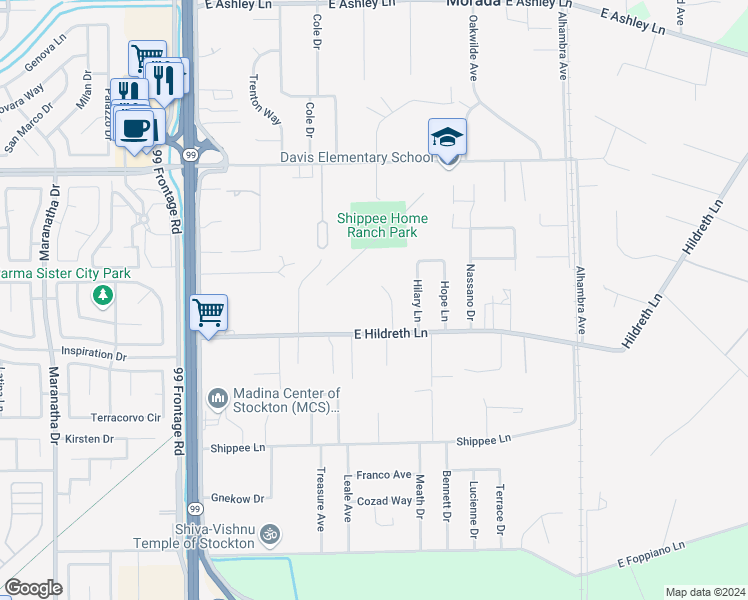 map of restaurants, bars, coffee shops, grocery stores, and more near 9125 Blatt Court in Stockton