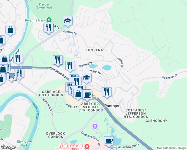 map of restaurants, bars, coffee shops, grocery stores, and more near 1966 Asheville Drive in Charlottesville