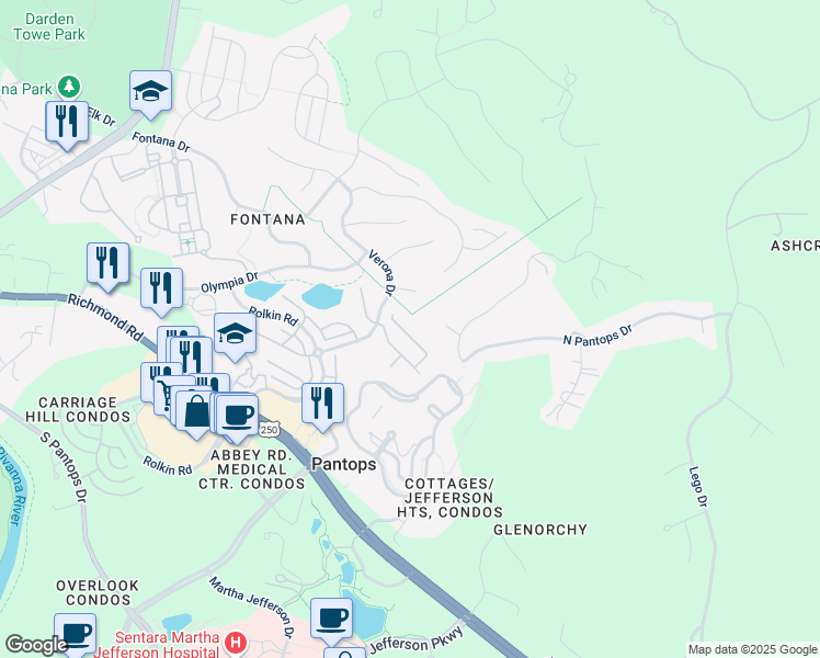 map of restaurants, bars, coffee shops, grocery stores, and more near 2442 Winthrop Drive in Charlottesville