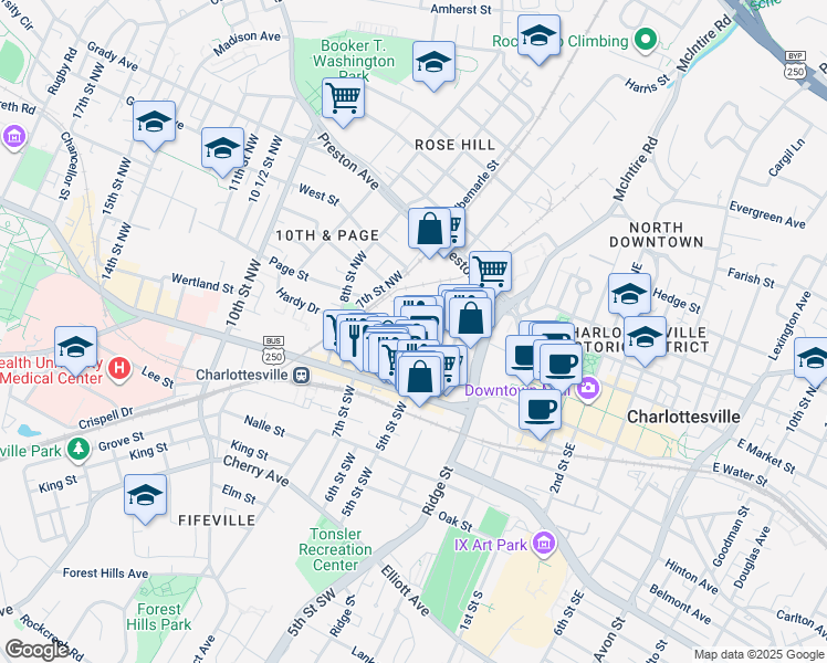 map of restaurants, bars, coffee shops, grocery stores, and more near 223 5th St NW in Charlottesville