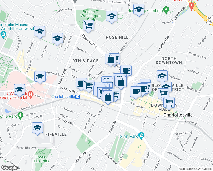 map of restaurants, bars, coffee shops, grocery stores, and more near 223 5th St NW in Charlottesville