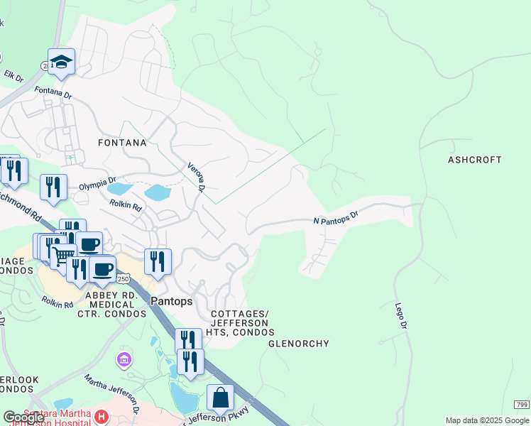 map of restaurants, bars, coffee shops, grocery stores, and more near 1880 North Pantops Drive in Charlottesville