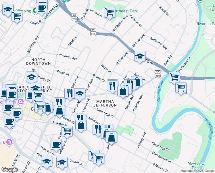map of restaurants, bars, coffee shops, grocery stores, and more near 501 Orange Street in Charlottesville