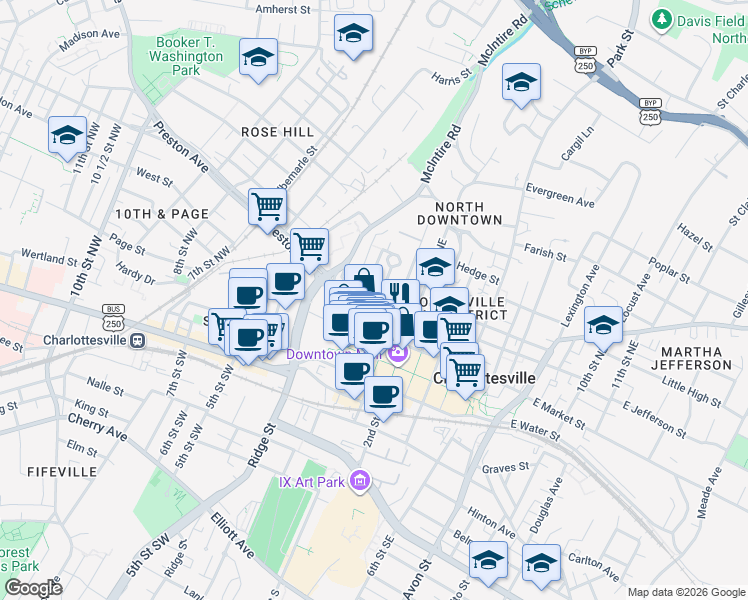 map of restaurants, bars, coffee shops, grocery stores, and more near 116 West Jefferson Street in Charlottesville