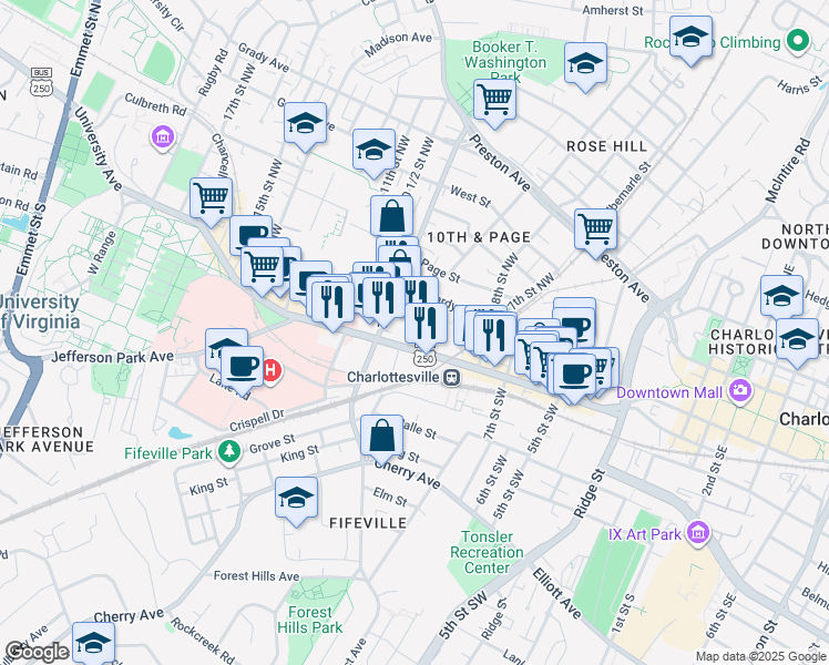map of restaurants, bars, coffee shops, grocery stores, and more near 855 West Main Street in Charlottesville