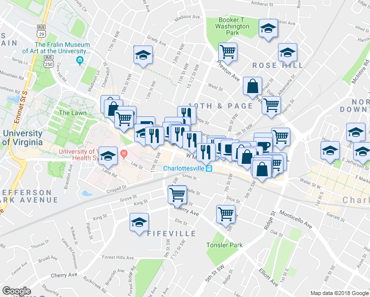 map of restaurants, bars, coffee shops, grocery stores, and more near 855 West Main Street in Charlottesville