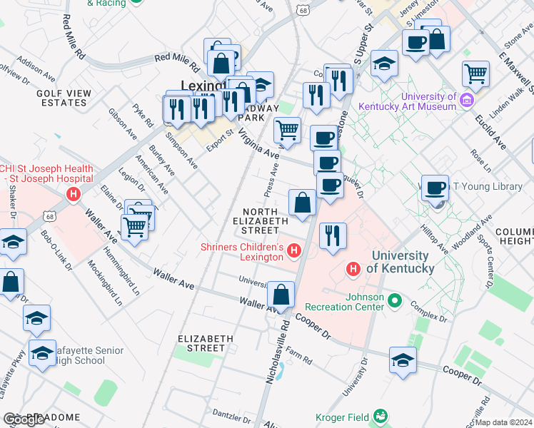 map of restaurants, bars, coffee shops, grocery stores, and more near 163 Transcript Avenue in Lexington