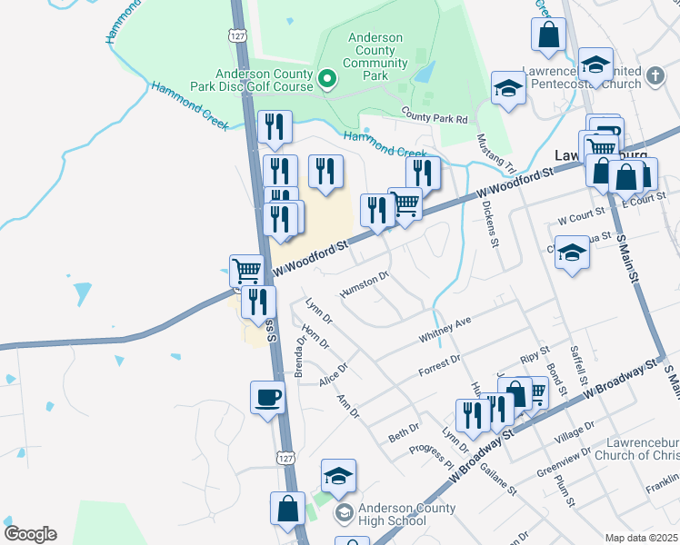 map of restaurants, bars, coffee shops, grocery stores, and more near 853 Copperfield Drive in Lawrenceburg