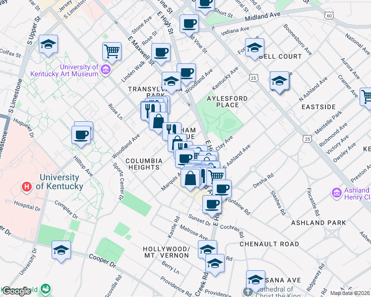 map of restaurants, bars, coffee shops, grocery stores, and more near 364 Park Avenue in Lexington