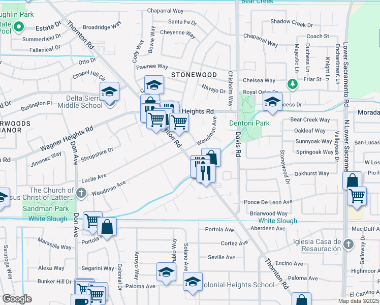 map of restaurants, bars, coffee shops, grocery stores, and more near 9035 Thornton Road in Stockton