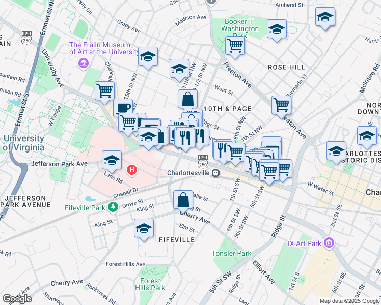 map of restaurants, bars, coffee shops, grocery stores, and more near 901 West Main Street in Charlottesville