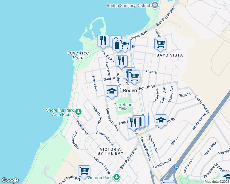 map of restaurants, bars, coffee shops, grocery stores, and more near 408 Fourth Street in Rodeo