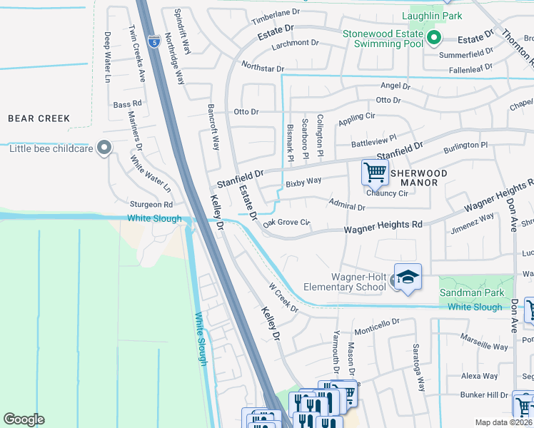 map of restaurants, bars, coffee shops, grocery stores, and more near 3543 Oak Grove Circle in Stockton