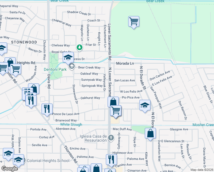 map of restaurants, bars, coffee shops, grocery stores, and more near 8934 Valley Oak Drive in Stockton