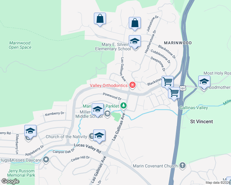 map of restaurants, bars, coffee shops, grocery stores, and more near 363 Miller Creek Road in San Rafael