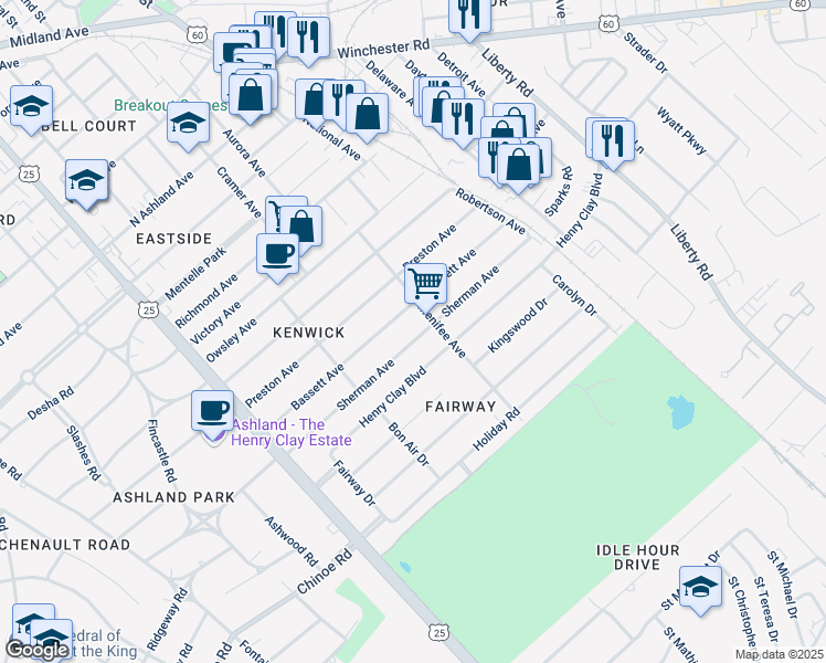 map of restaurants, bars, coffee shops, grocery stores, and more near 267 Sherman Avenue in Lexington