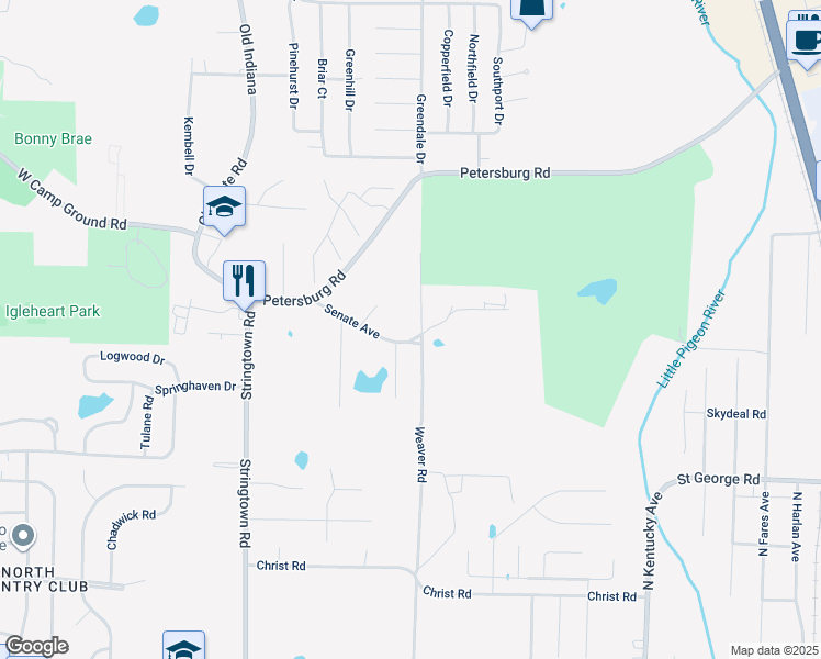 map of restaurants, bars, coffee shops, grocery stores, and more near 624 Senate Avenue in Evansville
