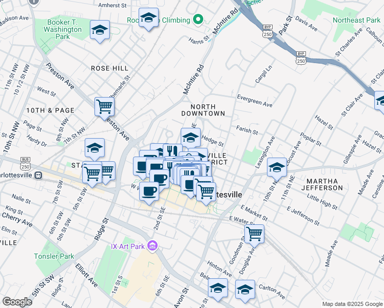 map of restaurants, bars, coffee shops, grocery stores, and more near 217 East High Street in Charlottesville