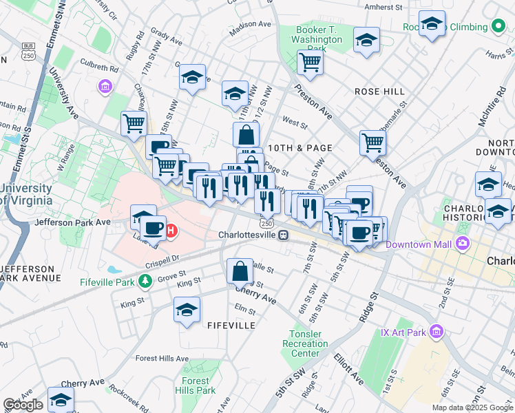 map of restaurants, bars, coffee shops, grocery stores, and more near 855 West Main Street in Charlottesville