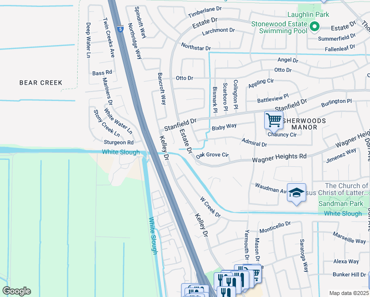 map of restaurants, bars, coffee shops, grocery stores, and more near 4327 Estate Drive in Stockton