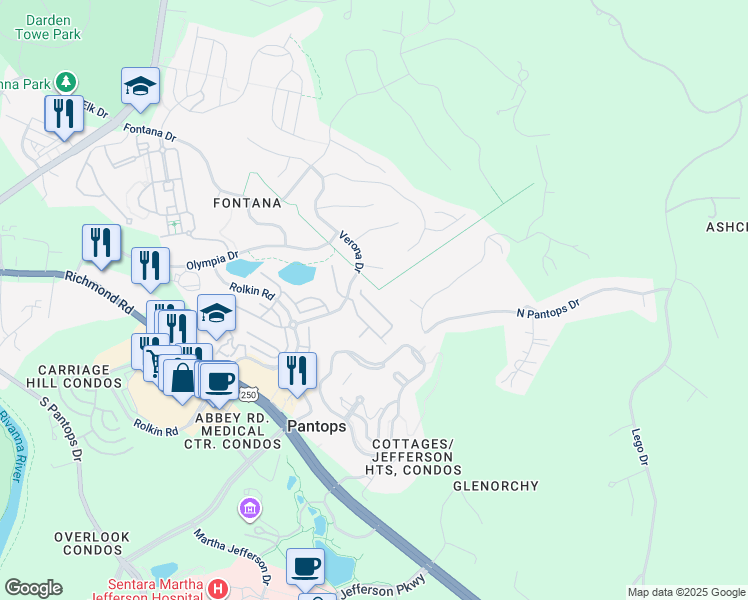 map of restaurants, bars, coffee shops, grocery stores, and more near 2448 Winthrop Drive in Charlottesville