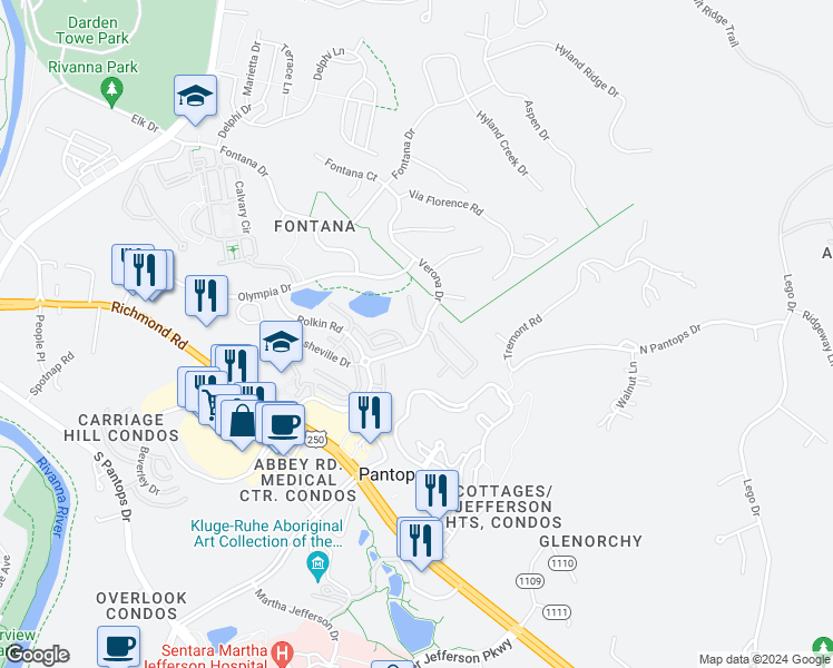 map of restaurants, bars, coffee shops, grocery stores, and more near 2105 Sundown Place in Charlottesville