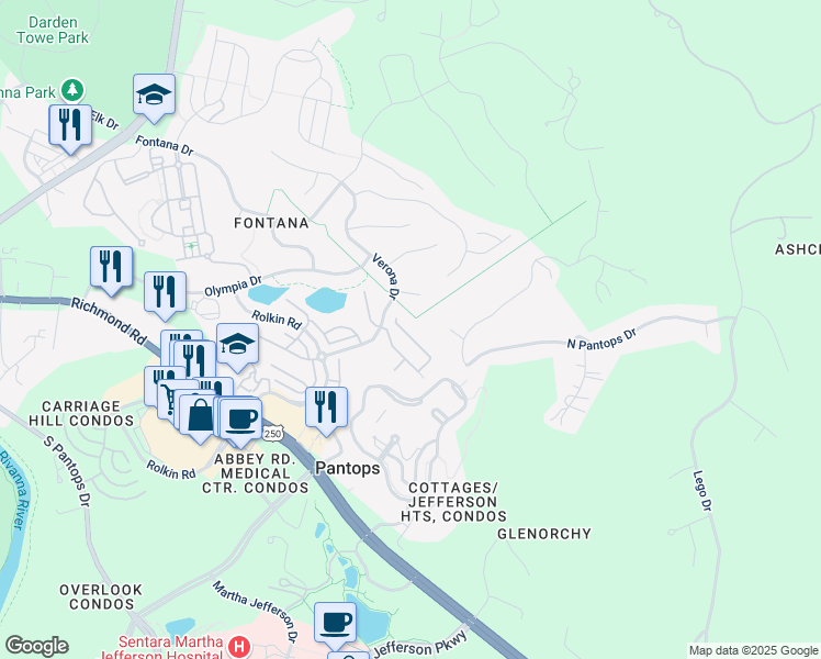 map of restaurants, bars, coffee shops, grocery stores, and more near 2448 Winthrop Drive in Charlottesville