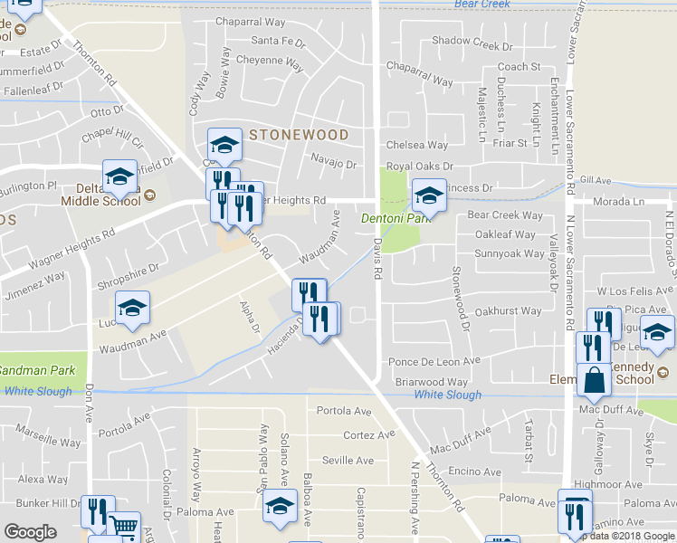 map of restaurants, bars, coffee shops, grocery stores, and more near 9008 Sherill Court in Stockton