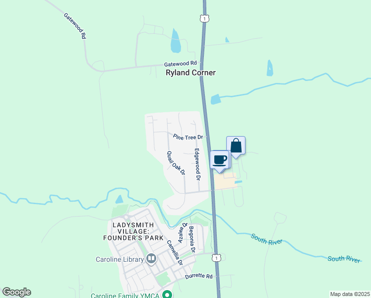 map of restaurants, bars, coffee shops, grocery stores, and more near 2532 Edgewood Circle in Ruther Glen