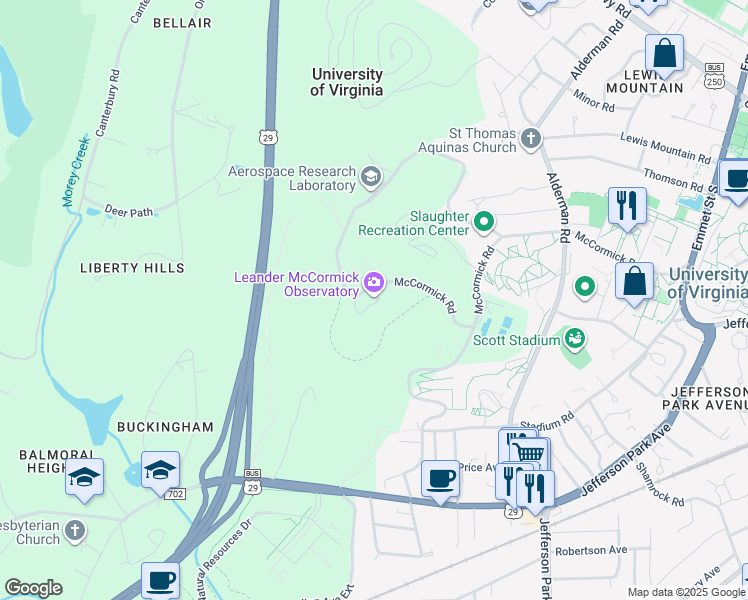 map of restaurants, bars, coffee shops, grocery stores, and more near 600 McCormick Road in Charlottesville