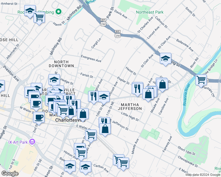 map of restaurants, bars, coffee shops, grocery stores, and more near 507 Locust Avenue in Charlottesville