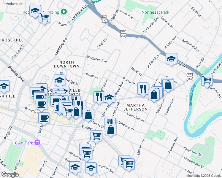 map of restaurants, bars, coffee shops, grocery stores, and more near 507 Locust Avenue in Charlottesville