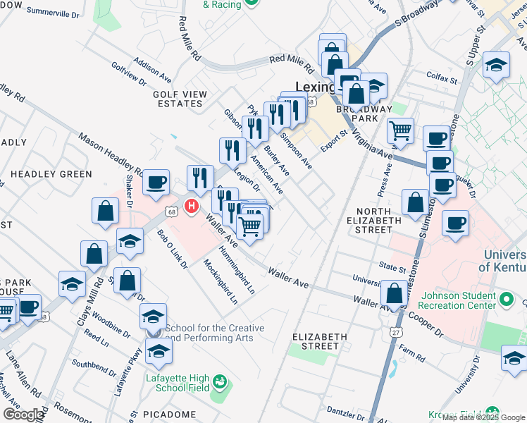 map of restaurants, bars, coffee shops, grocery stores, and more near 1232 Man O War Place in Lexington