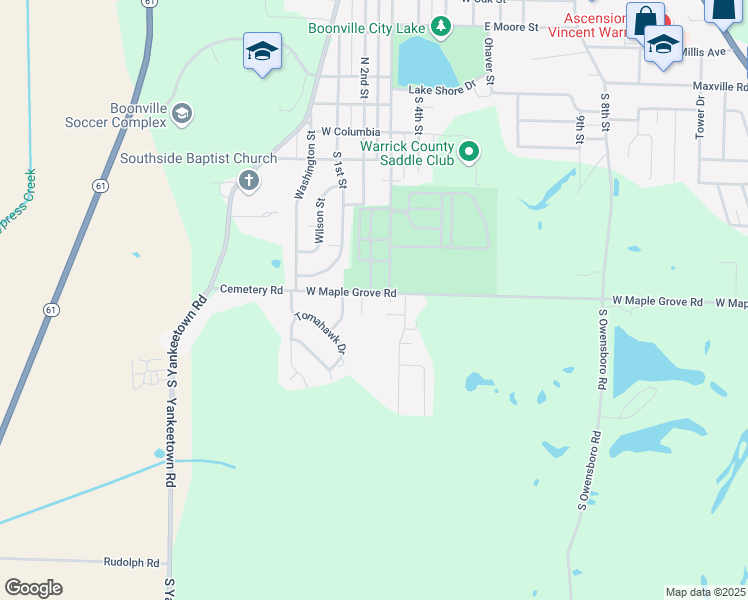 map of restaurants, bars, coffee shops, grocery stores, and more near 1505 Autumn Drive in Boonville