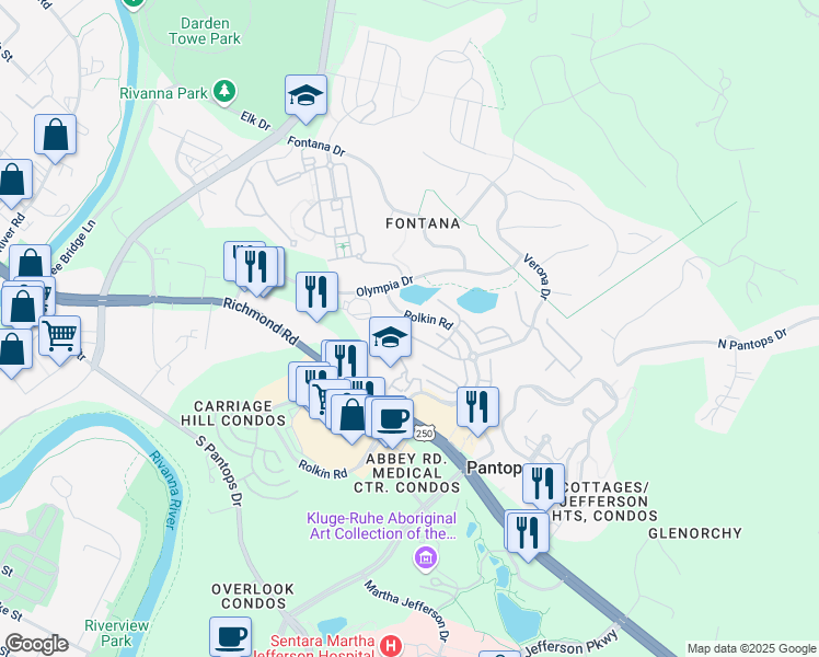 map of restaurants, bars, coffee shops, grocery stores, and more near 1978 Asheville Drive in Charlottesville