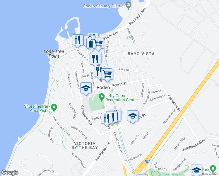 map of restaurants, bars, coffee shops, grocery stores, and more near 721 Fourth Street in Rodeo