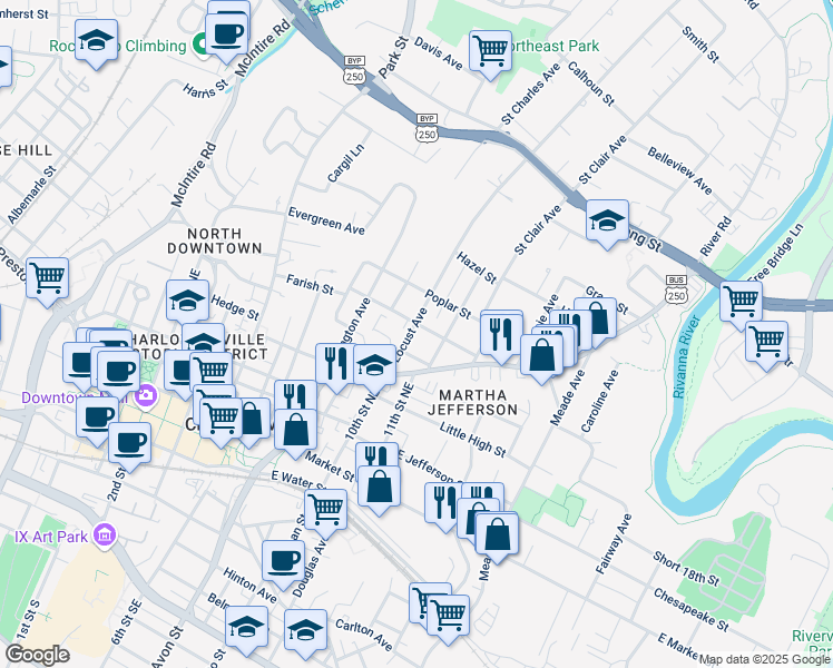 map of restaurants, bars, coffee shops, grocery stores, and more near 524 Locust Avenue in Charlottesville