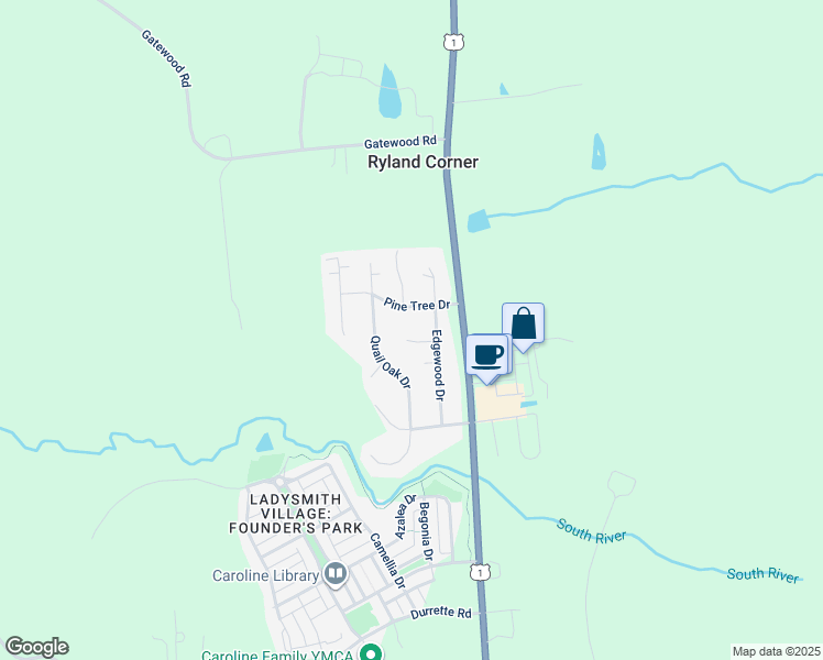 map of restaurants, bars, coffee shops, grocery stores, and more near 2532 Edgewood Circle in Ruther Glen