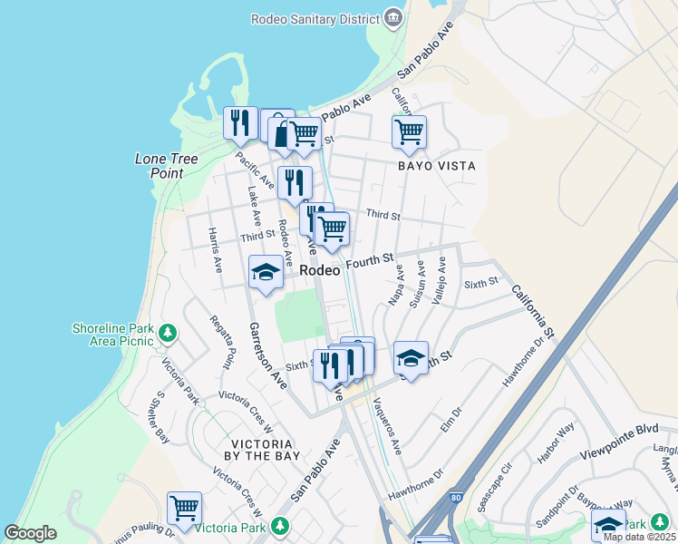 map of restaurants, bars, coffee shops, grocery stores, and more near 721 Fourth Street in Rodeo