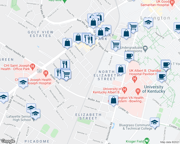 map of restaurants, bars, coffee shops, grocery stores, and more near 109 Burley Avenue in Lexington