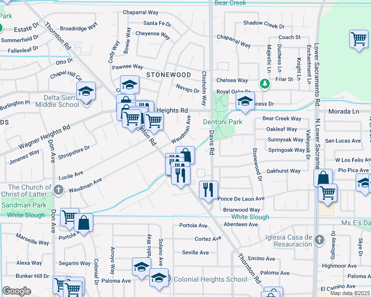 map of restaurants, bars, coffee shops, grocery stores, and more near 9012 Sherill Court in Stockton