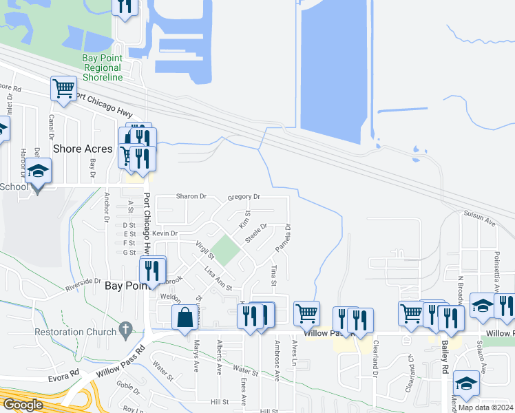 map of restaurants, bars, coffee shops, grocery stores, and more near 3432 Danielle Place in Bay Point
