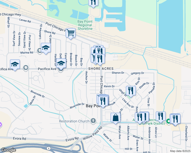 map of restaurants, bars, coffee shops, grocery stores, and more near B Street in Bay Point