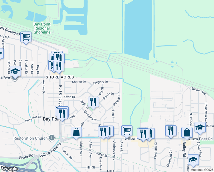 map of restaurants, bars, coffee shops, grocery stores, and more near 3432 Danielle Place in Bay Point