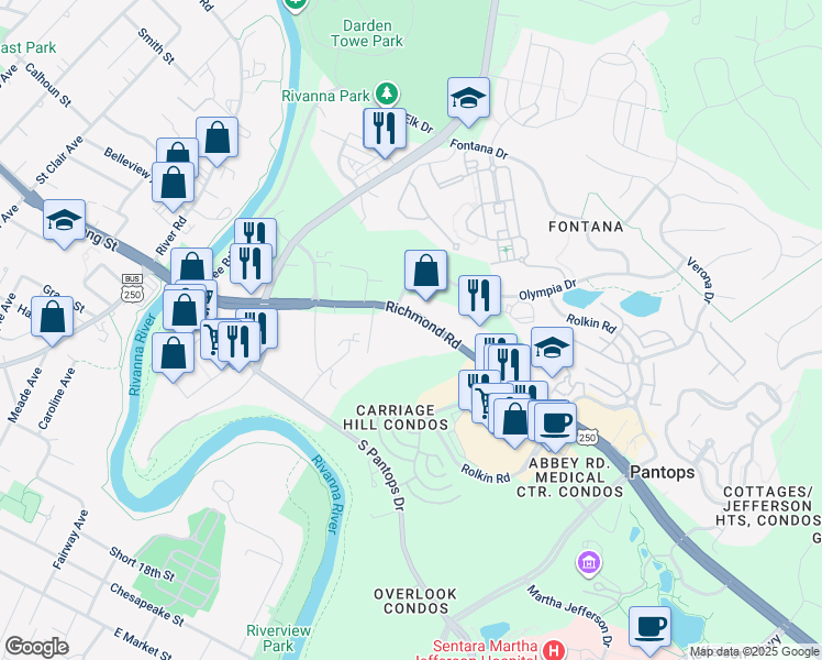 map of restaurants, bars, coffee shops, grocery stores, and more near 1357 Richmond Road in Charlottesville