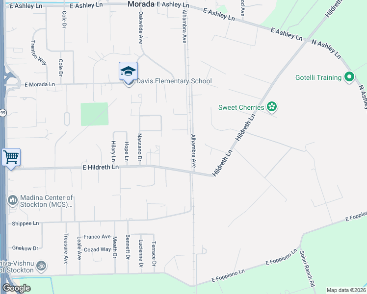 map of restaurants, bars, coffee shops, grocery stores, and more near 5551 Hildreth Lane in Stockton